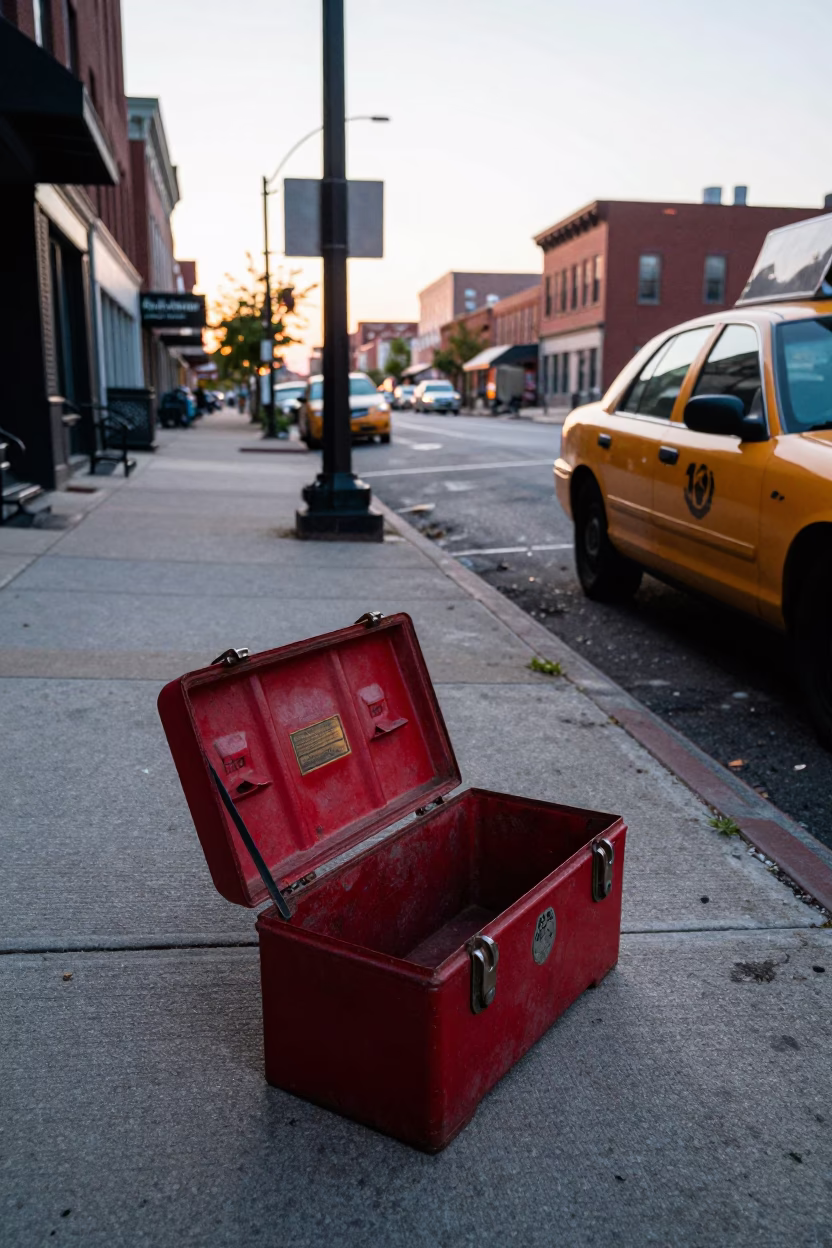 Early Morning Philadelphia Street Scene with Vintage Toolbox on Sidewalk in in Philadelphia, Pennsylvania, United States