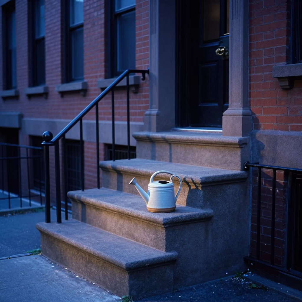 Early Morning Philadelphia Street Scene with Watering Jug and Stool Before Sunrise in in Philadelphia, Pennsylvania, United States
