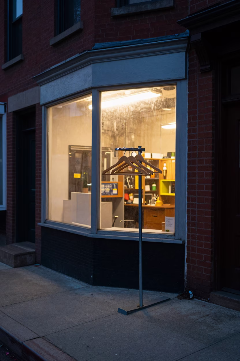 Early Morning Philadelphia Street Scene with Wooden Hanger and Glass Carafe in in Philadelphia, Pennsylvania, United States