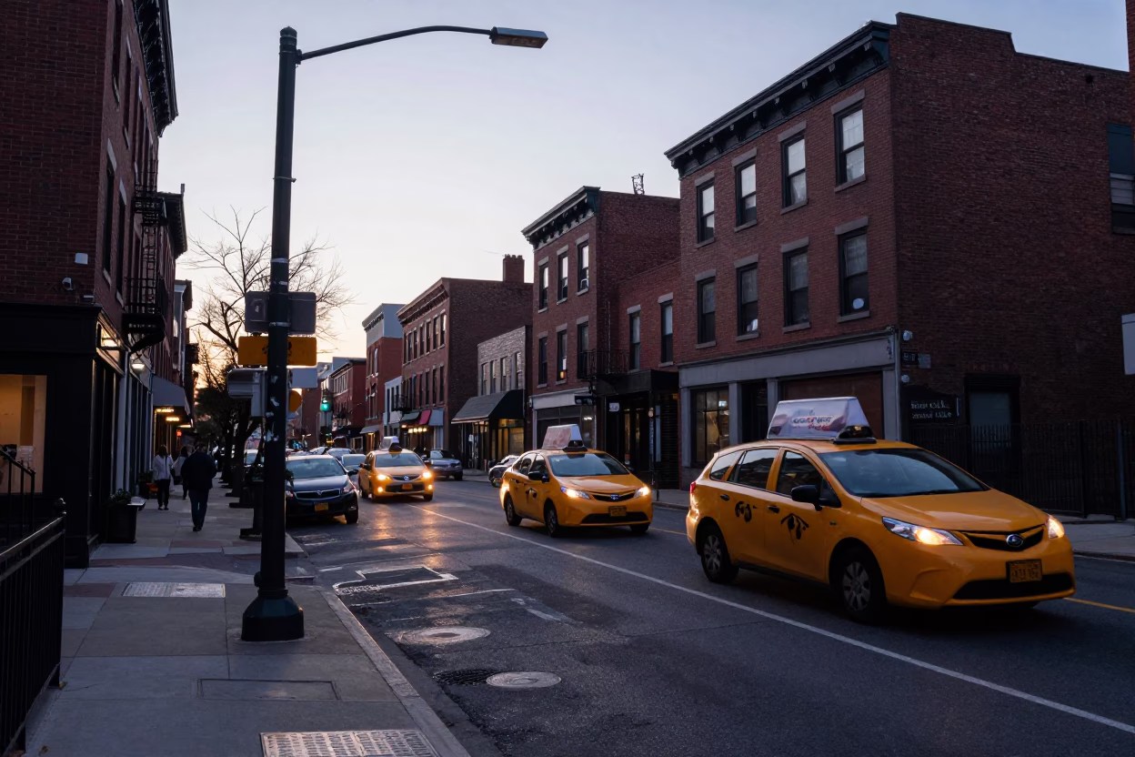 Early Morning Philadelphia Street Scene with Yellow Taxi and Urban Details in in Philadelphia, Pennsylvania, United States