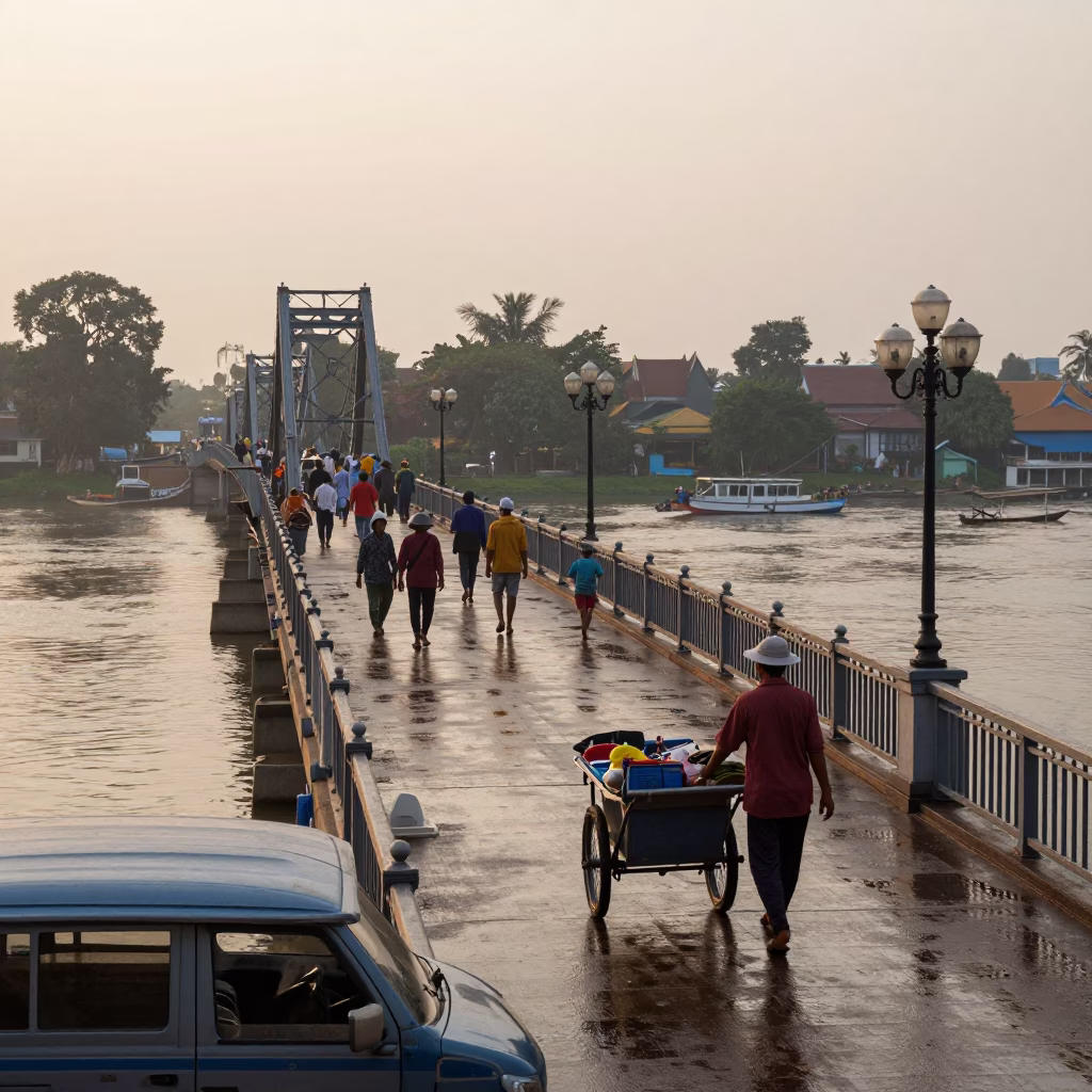 Early Morning Phnom Penh Drawbridge Activity and River Light in Cambodia in in Phnom Penh, Cambodia
