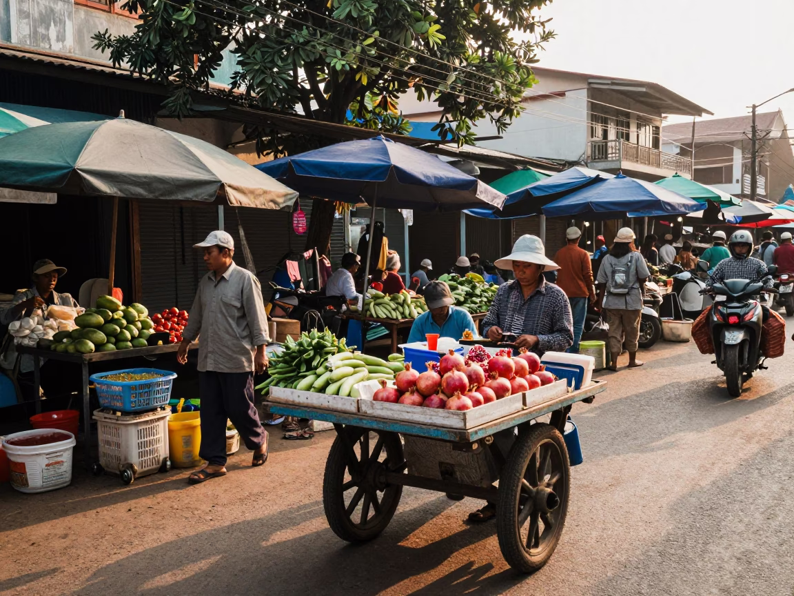 Early Morning Phnom Penh Street Market with Pomegranate and Jam Jar in in Phnom Penh, Cambodia