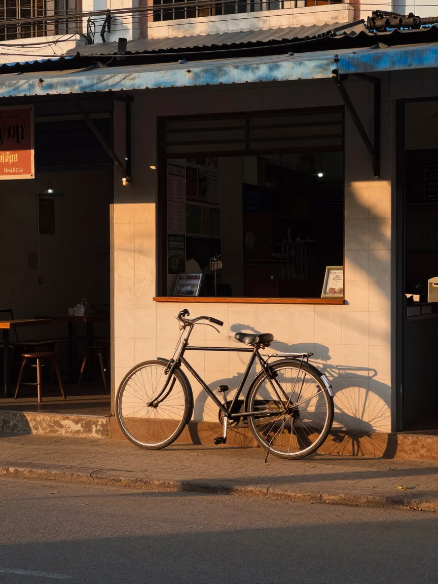 Early Morning Phnom Penh Street Scene with Bicycle and Local Cafe in in Phnom Penh, Cambodia