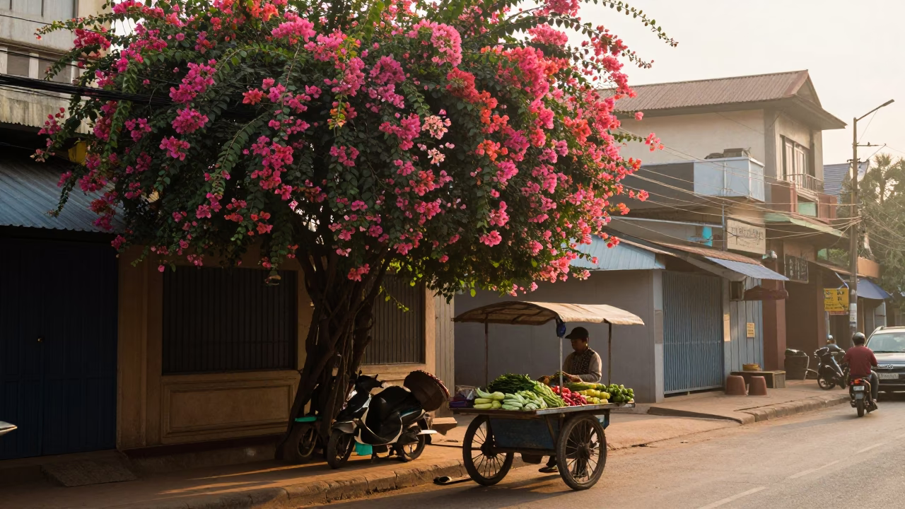 Early Morning Phnom Penh Street Scene with Bougainvillea and Local Market Activity in in Phnom Penh, Cambodia