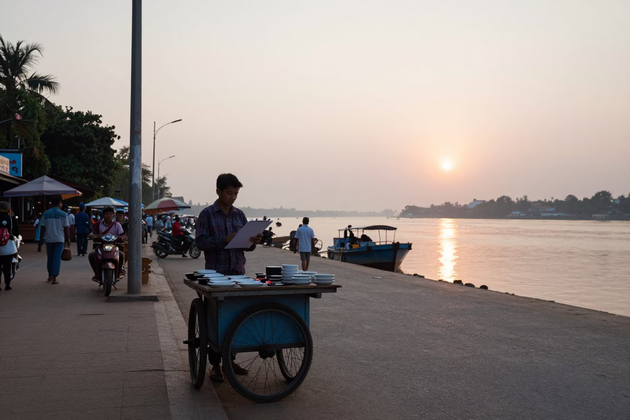 Early Morning Phnom Penh Street Scene with Clipboard and Saucers Near Mekong River in in Phnom Penh, Cambodia