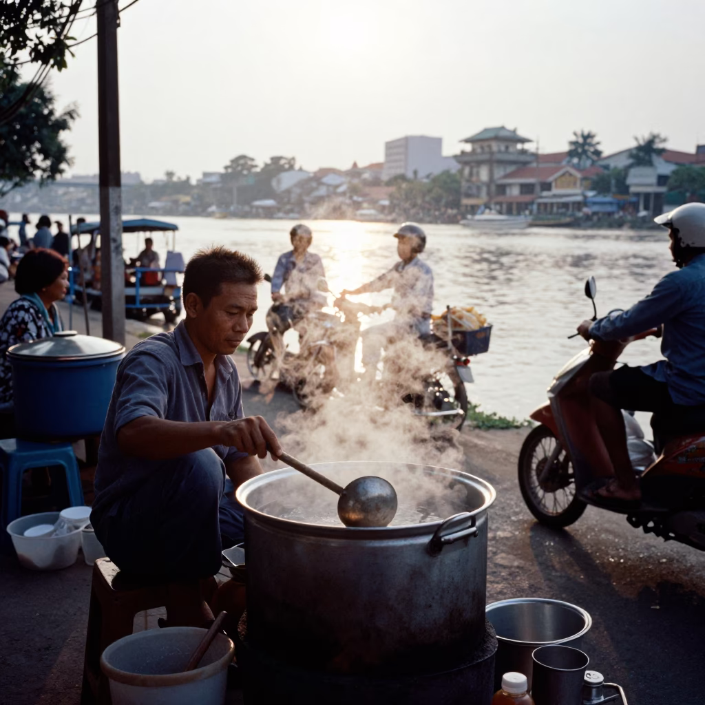 Early Morning Phnom Penh Street Scene with Ladle and Local Market Activity in in Phnom Penh, Cambodia