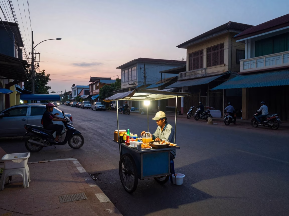 Early Morning Phnom Penh Street Scene with Local Breakfast and Traditional Drink in in Phnom Penh, Cambodia