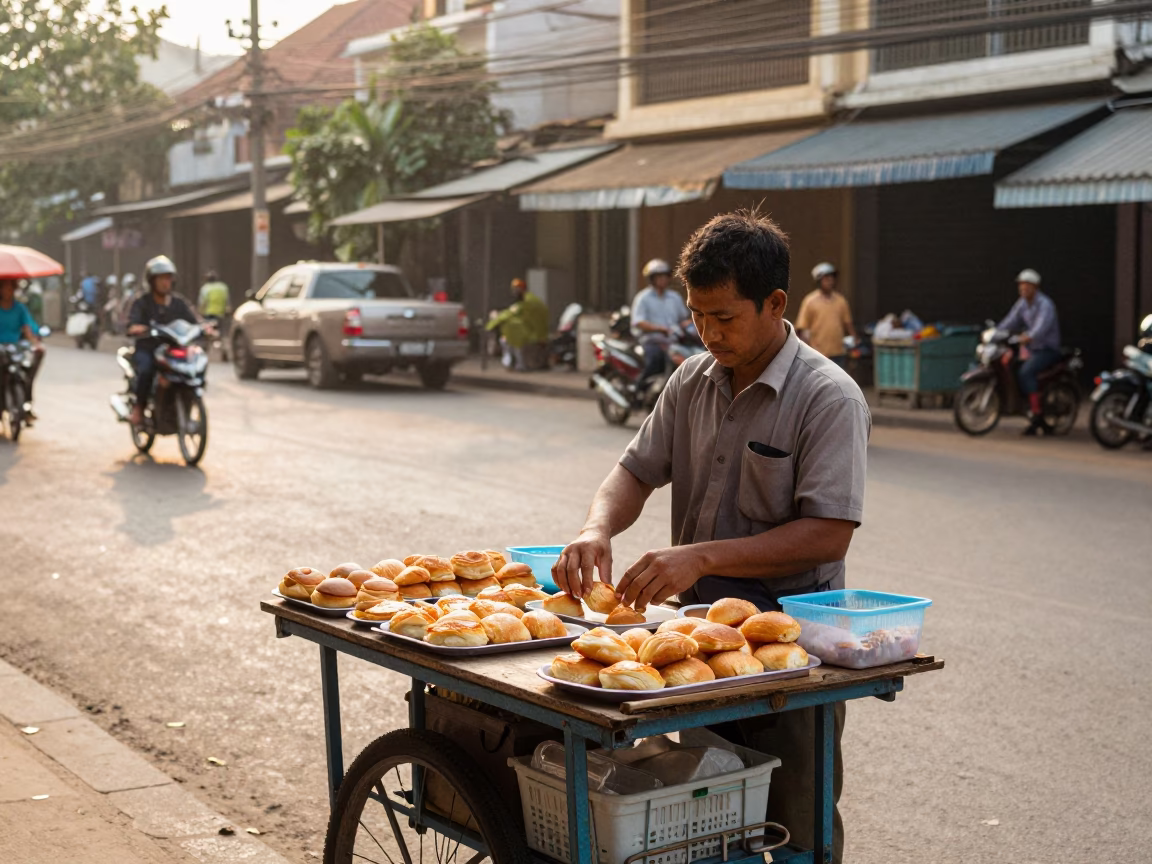 Early Morning Phnom Penh Street Scene with Local Breakfast and Vintage Biscuit Tin in in Phnom Penh, Cambodia