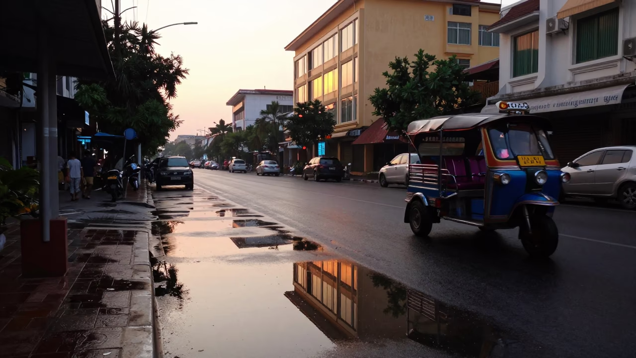 Early Morning Phnom Penh Street Scene with Puddle Reflections and Local Commerce in in Phnom Penh, Cambodia