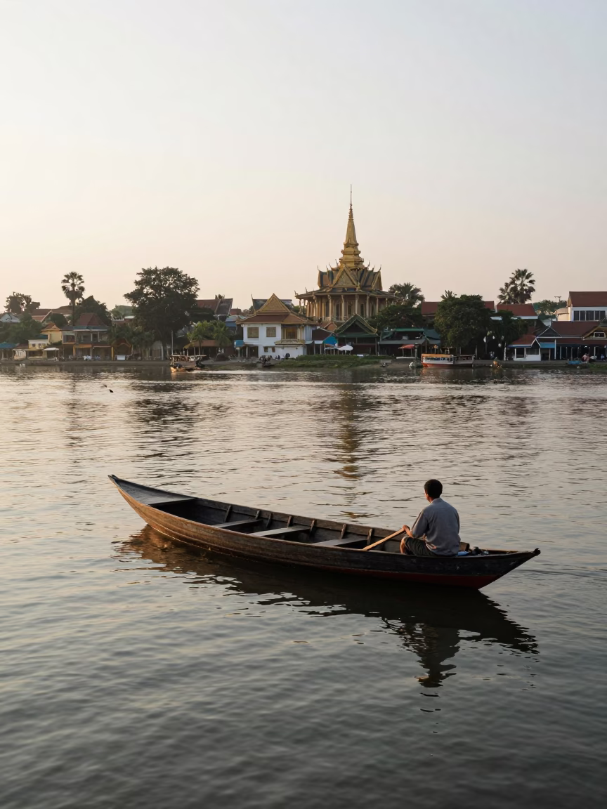Early Morning Phnom Penh Street Scene with Rowing Boat and Local Market Activity in in Phnom Penh, Cambodia