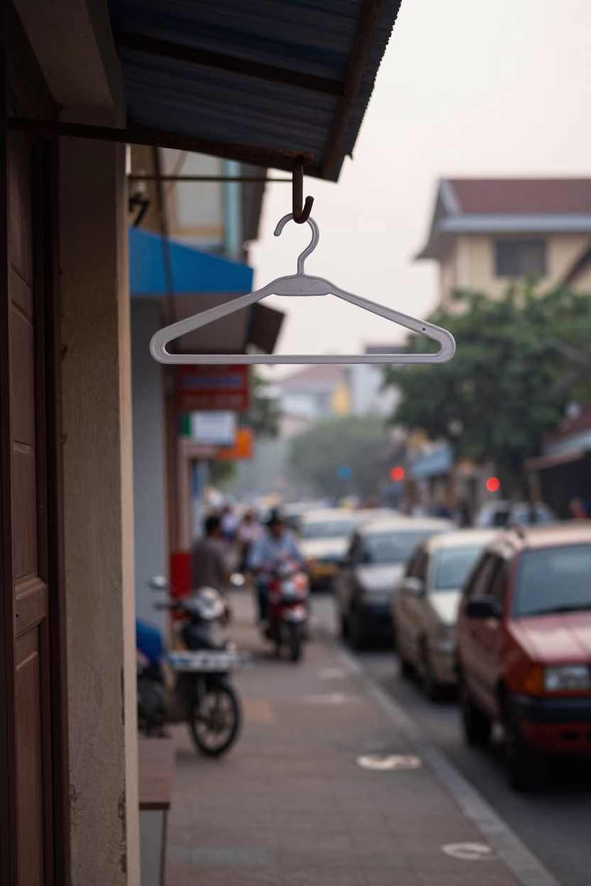 Early Morning Phnom Penh Street Scene with Shirt Hanger and Local Commerce in in Phnom Penh, Cambodia