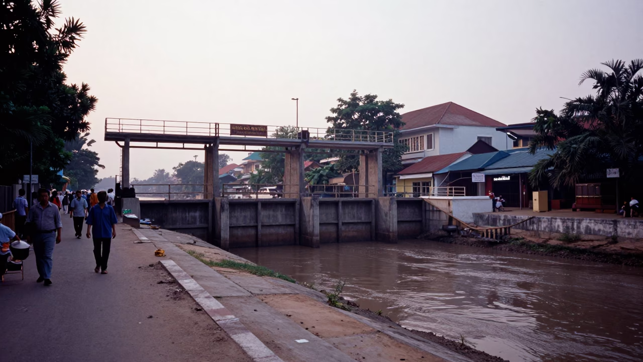 Early Morning Phnom Penh Street Scene with Sluice Gate and Local Life in in Phnom Penh, Cambodia