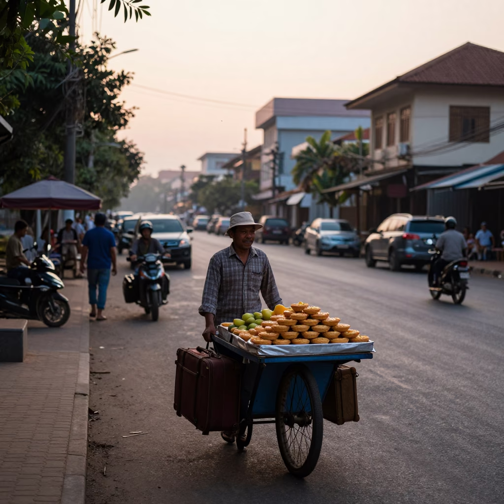 Early Morning Phnom Penh Street Scene with Suitcases and Local Activity in in Phnom Penh, Cambodia
