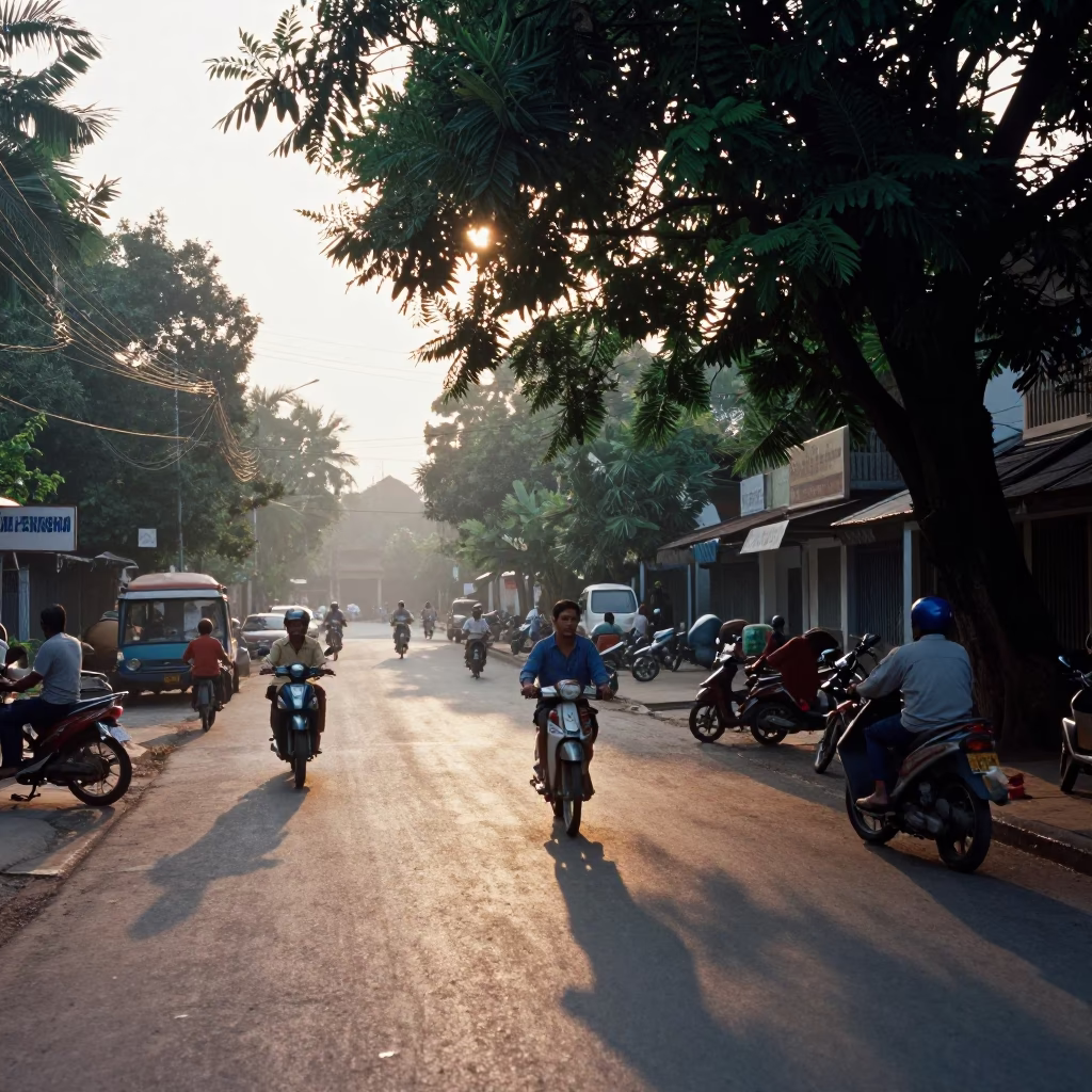 Early Morning Phnom Penh Street Scene with Sunlight and Local Market Activity in in Phnom Penh, Cambodia