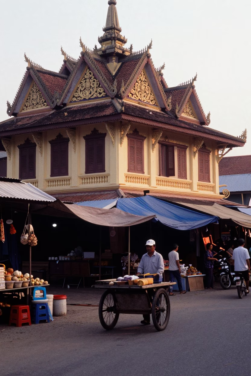 Early Morning Phnom Penh Street Scene with Traditional Khmer Architecture and Local Commerce in in Phnom Penh, Cambodia