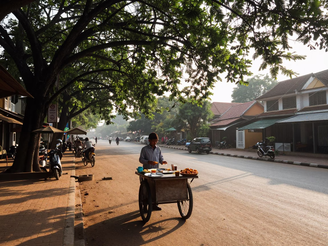 Early Morning Phnom Penh Street Scene with Traditional Khmer Breakfast and Local Market Activity in in Phnom Penh, Cambodia