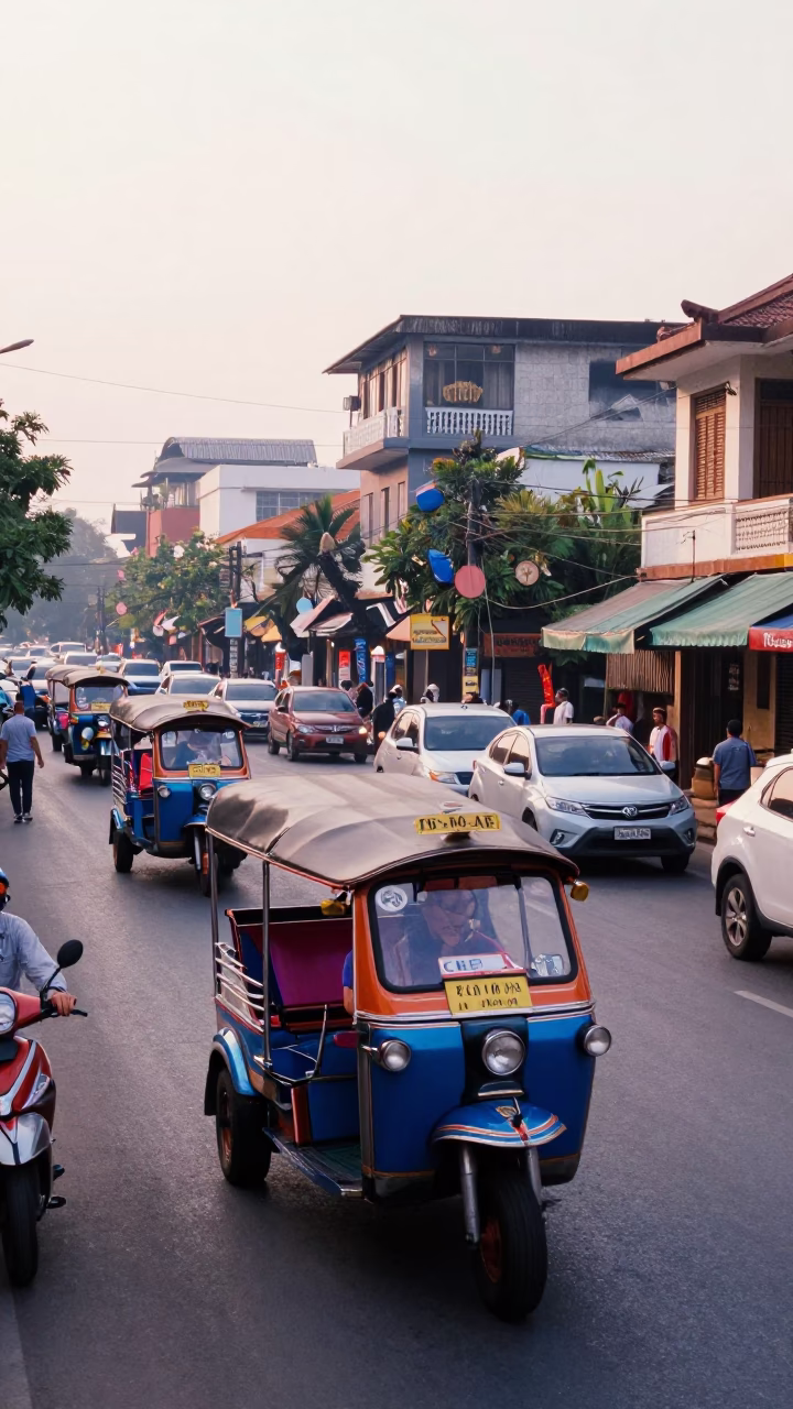 Early Morning Phnom Penh Street Scene with Tuk-Tuk and Local Life in in Phnom Penh, Cambodia