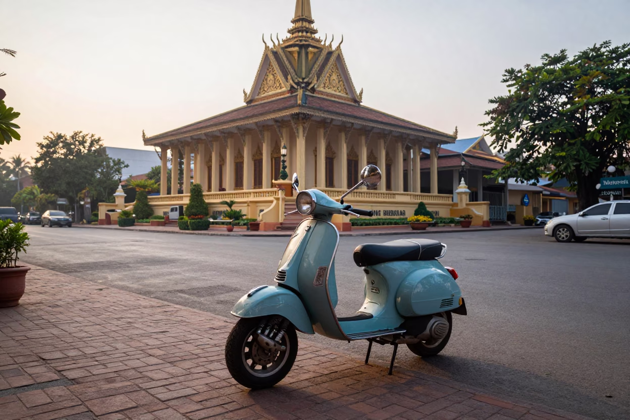 Early Morning Phnom Penh Street Scene with Vintage Vespa and Local Life in in Phnom Penh, Cambodia