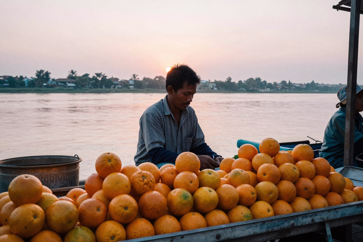 Early Morning Phnom Penh Street Vendor with Oranges and Vintage Motorcycle in in Phnom Penh, Cambodia
