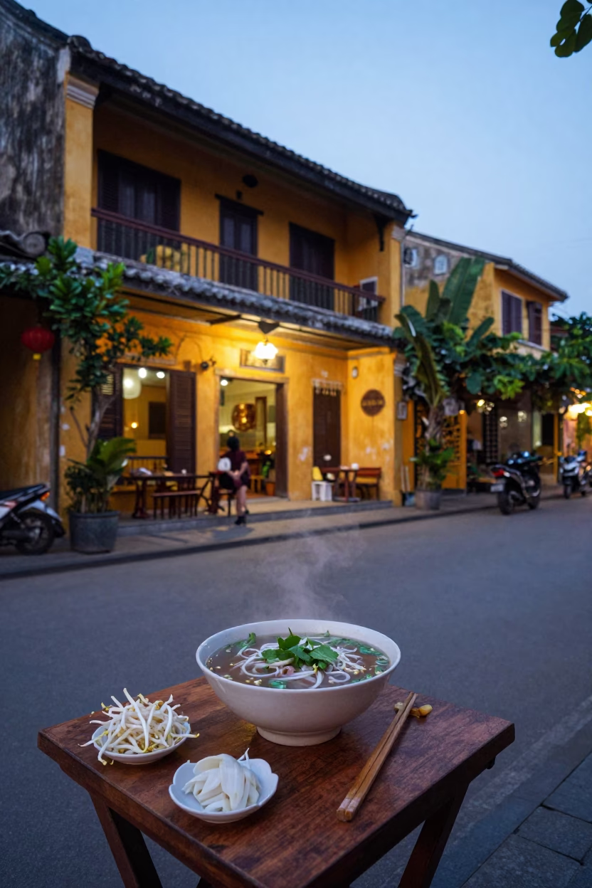 Early Morning Pho Breakfast in Hoi An Vietnam Before Dawn Street Scene in in Hoi An, Vietnam