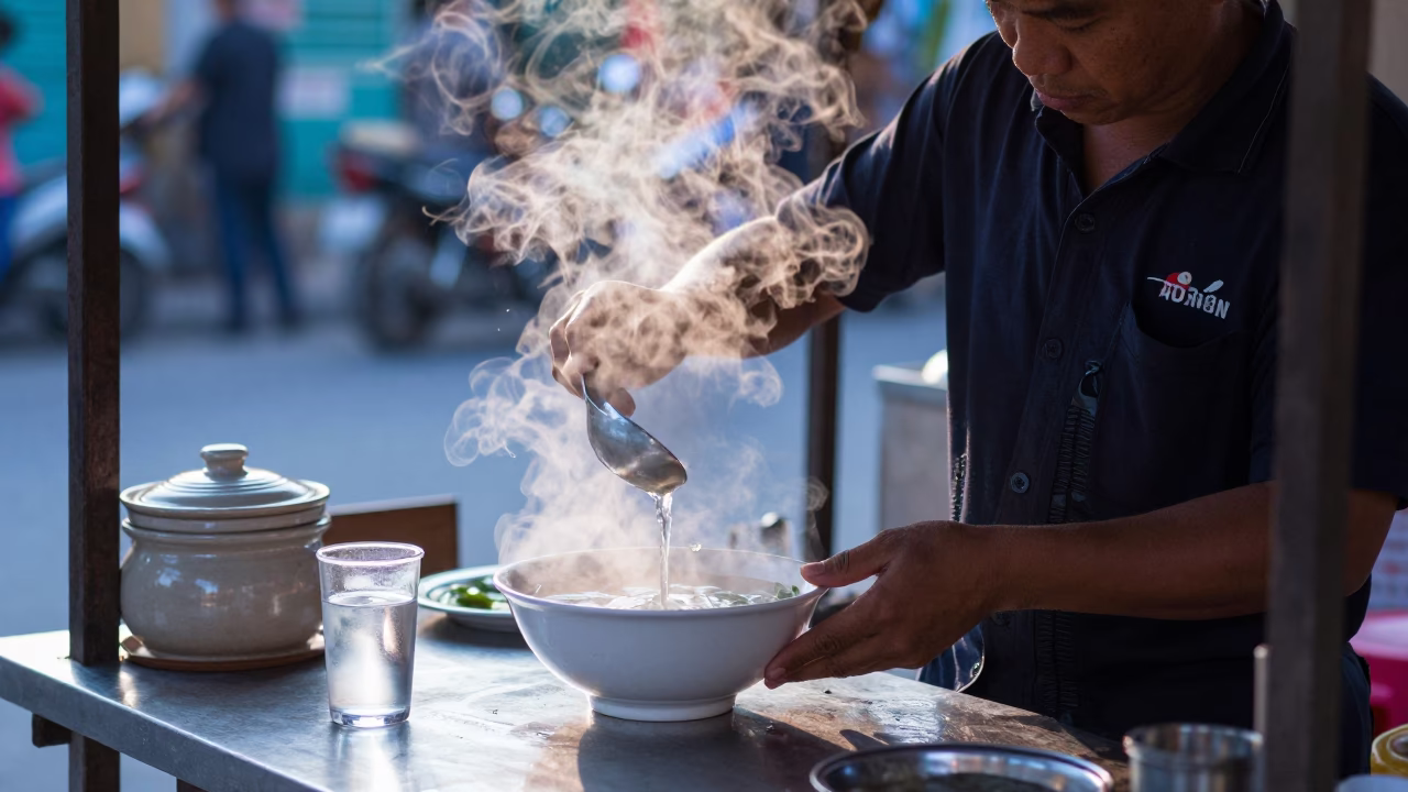 Early Morning Pho Stall Hanoi Vietnam with Steam and Ceramic Bowls in in Hanoi, Vietnam