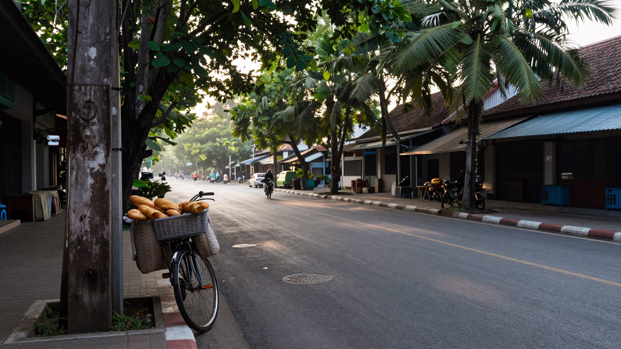 Early Morning Phuket Street Scene with Bicycle and Local Market Activity in in Phuket, Thailand