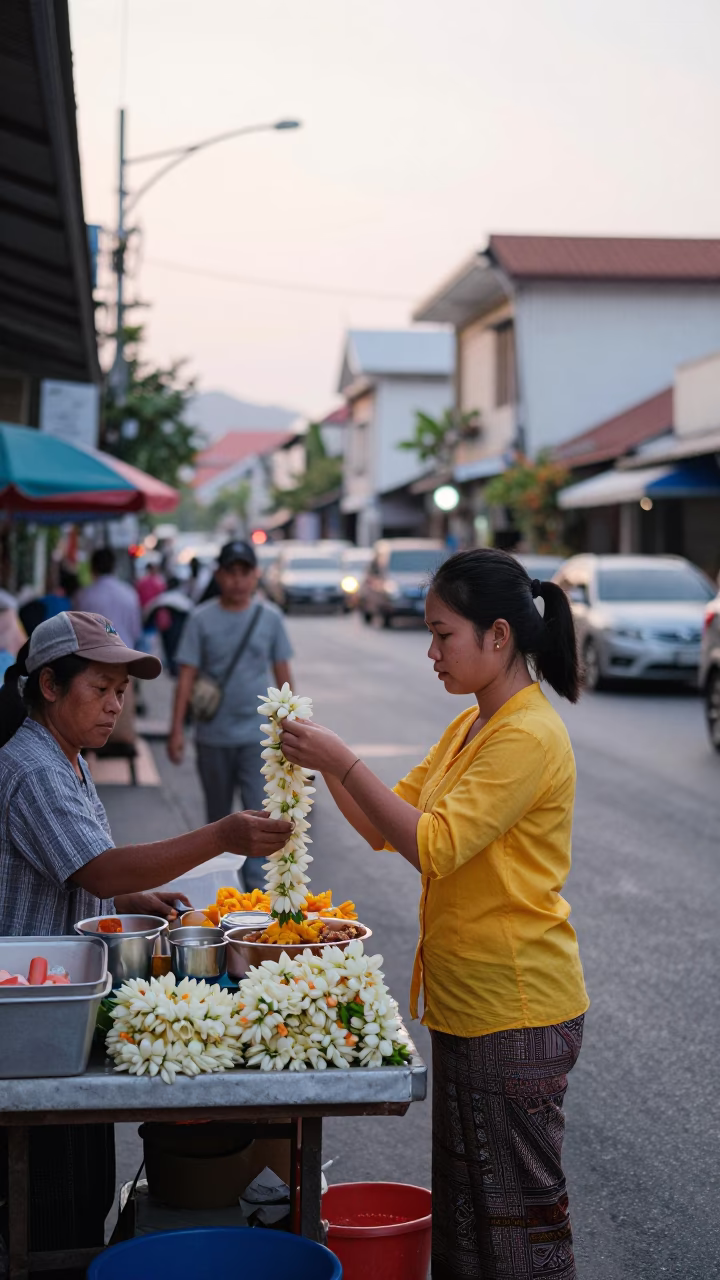 Early Morning Phuket Street Scene with Leis and Local Commerce in in Phuket, Thailand