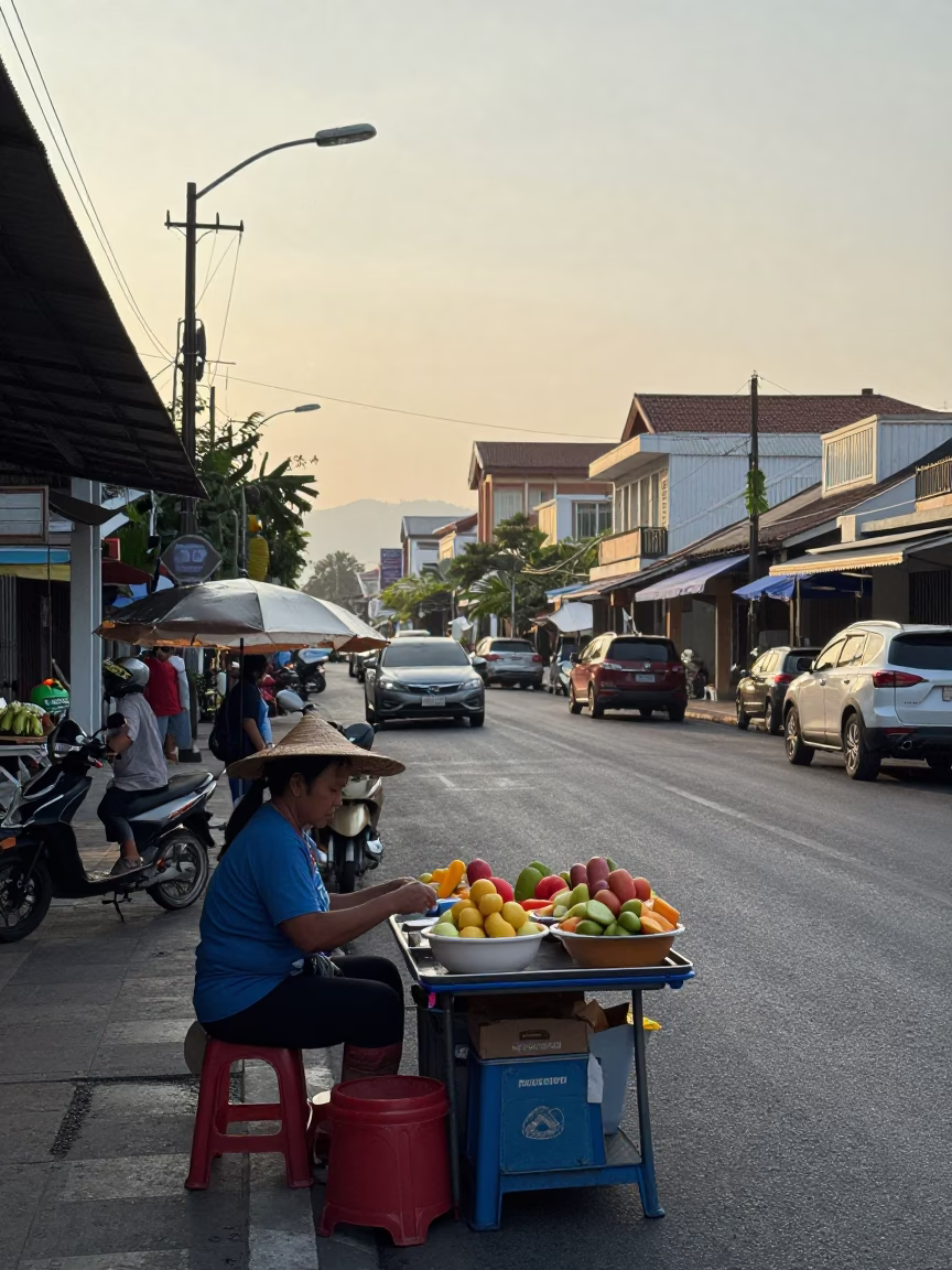 Early Morning Phuket Street Scene with Local Vendor and Tourists in in Phuket, Thailand