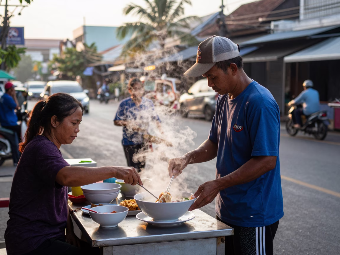 Early Morning Phuket Street Scene with Steaming Bowl of Pho and Local Market Activity in in Phuket, Thailand