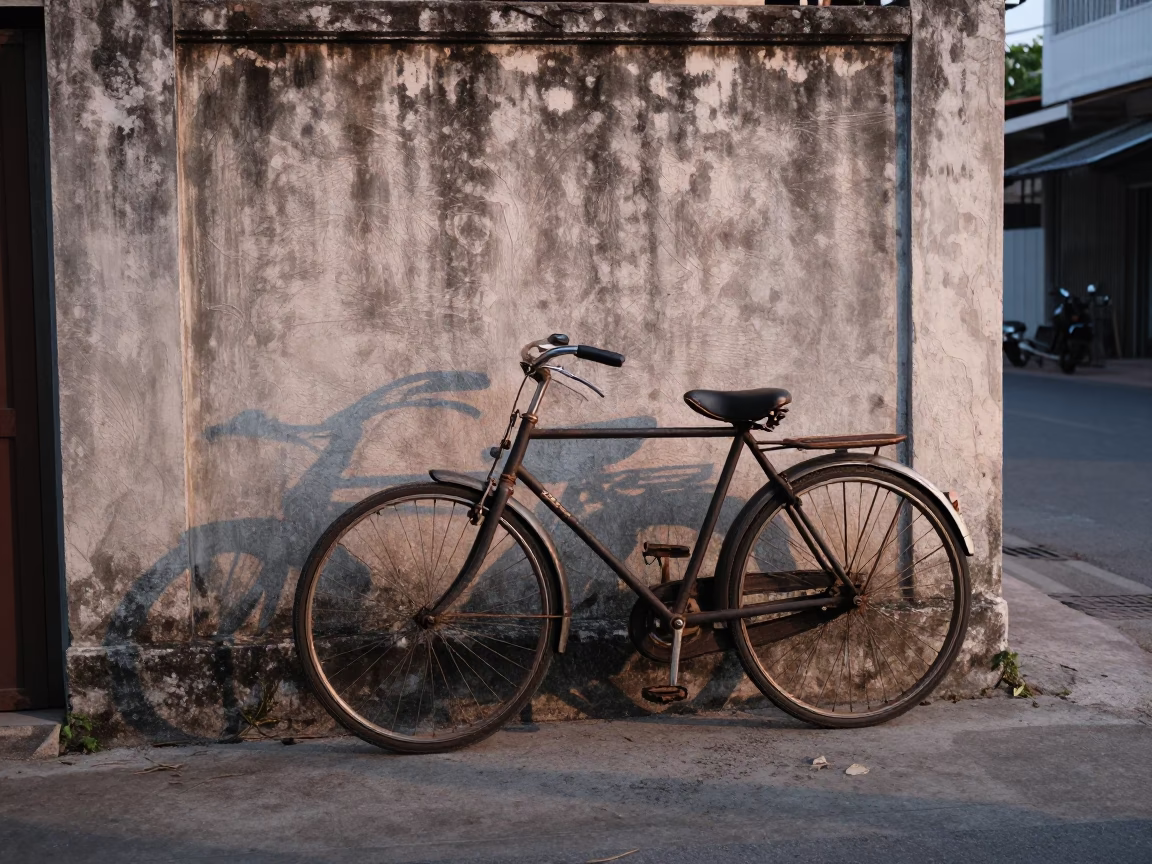 Early Morning Phuket Street Scene with Vintage Bicycle and Local Market Activity in in Phuket, Thailand