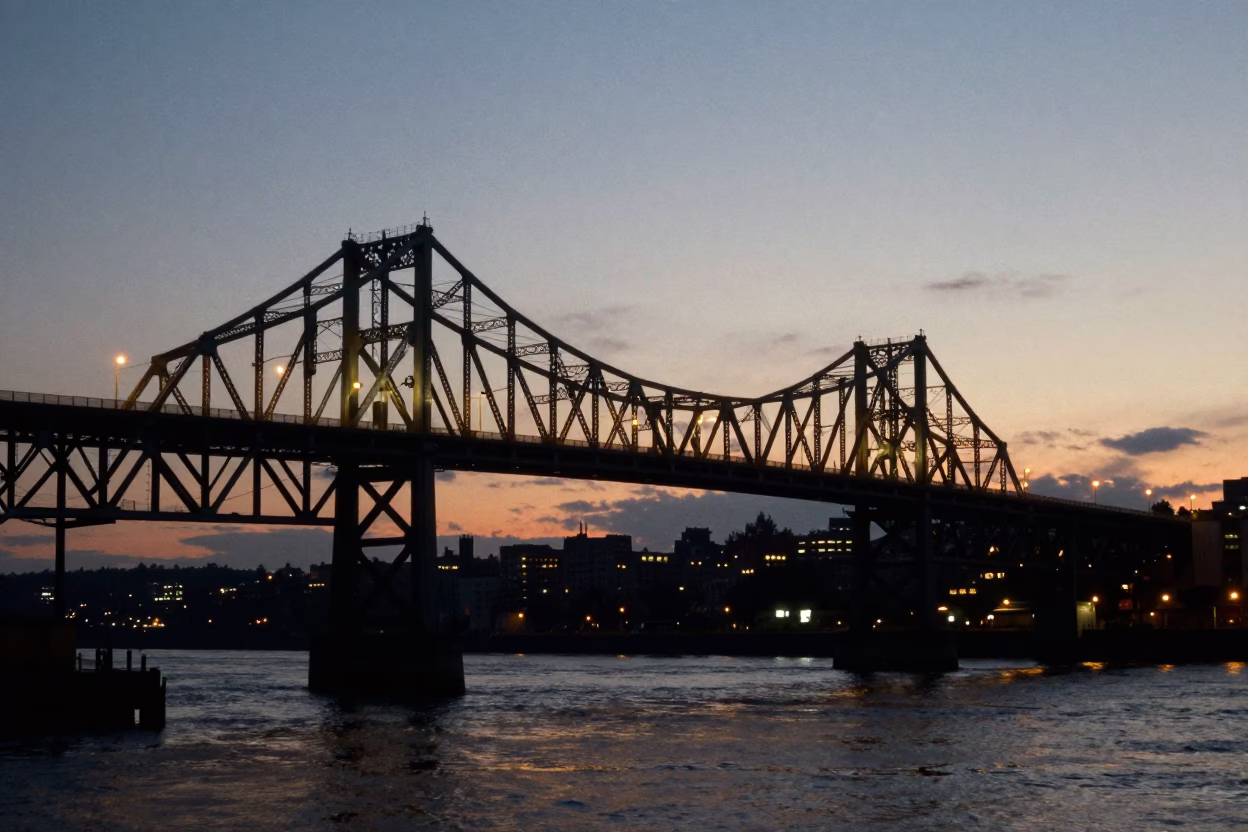 Early Morning Portland Bridge Illumination Before Dawn Light in in Portland, Oregon, United States