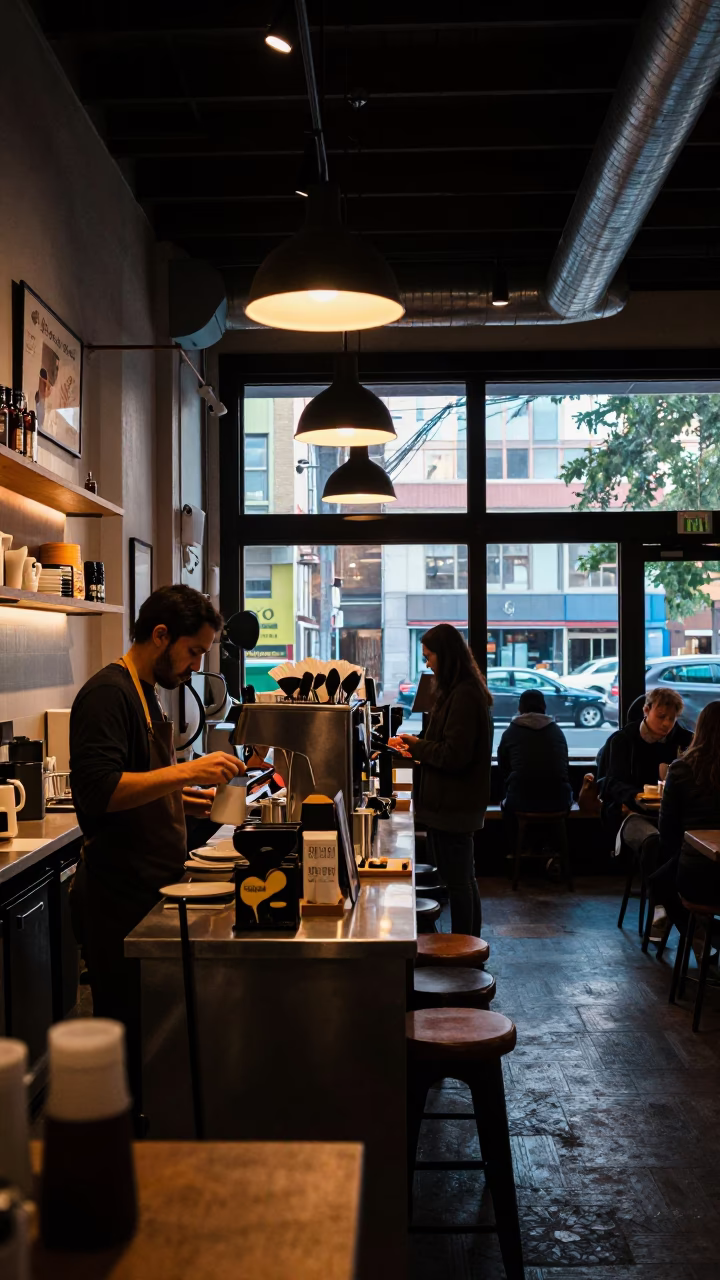 Early Morning Portland Coffee Shop Interior with Local Patrons and Urban Dawn Light in in Portland, Oregon, United States