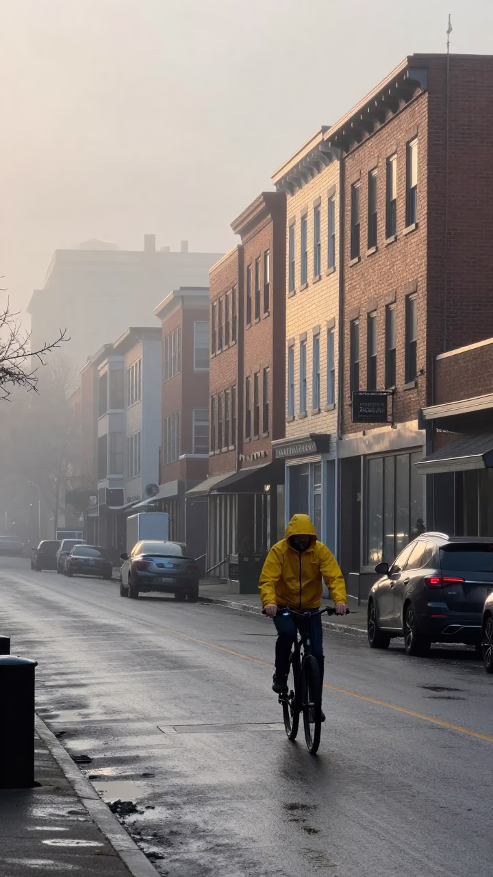 Early Morning Portland Oregon City Street Scene with Fog and Urban Life in in Portland, Oregon, United States