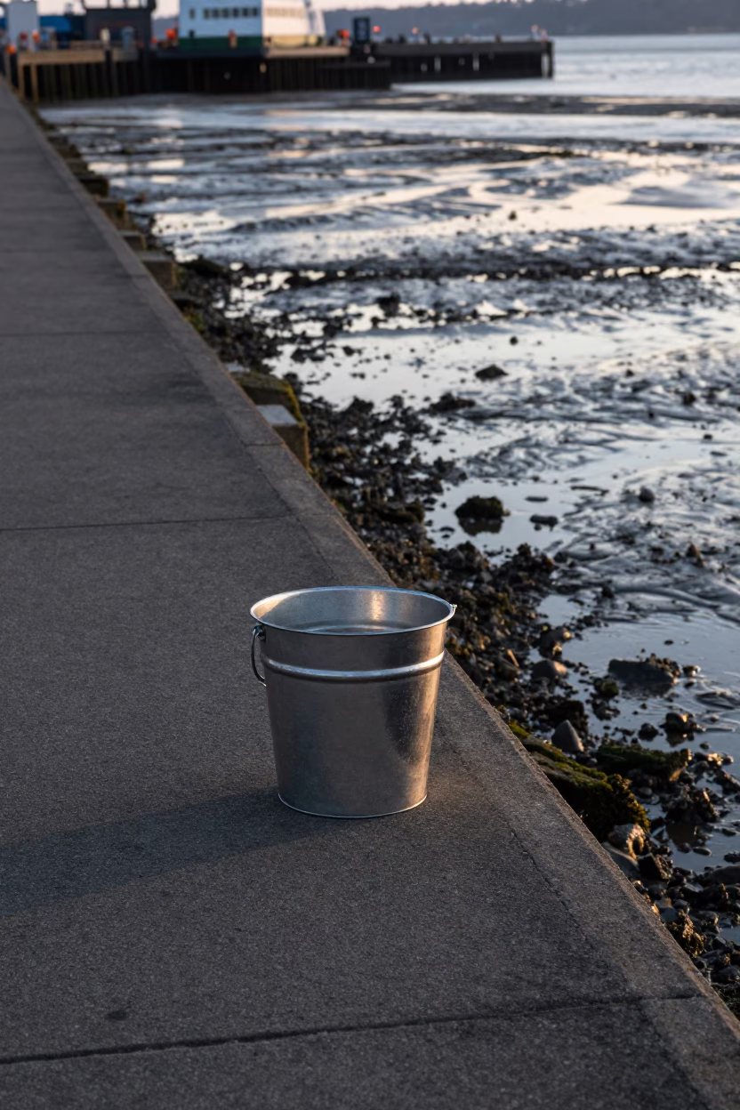 Early Morning Portland Oregon Ferry Ramp Low Tide Metal Bucket and Twine Fibers in in Portland, Oregon, United States