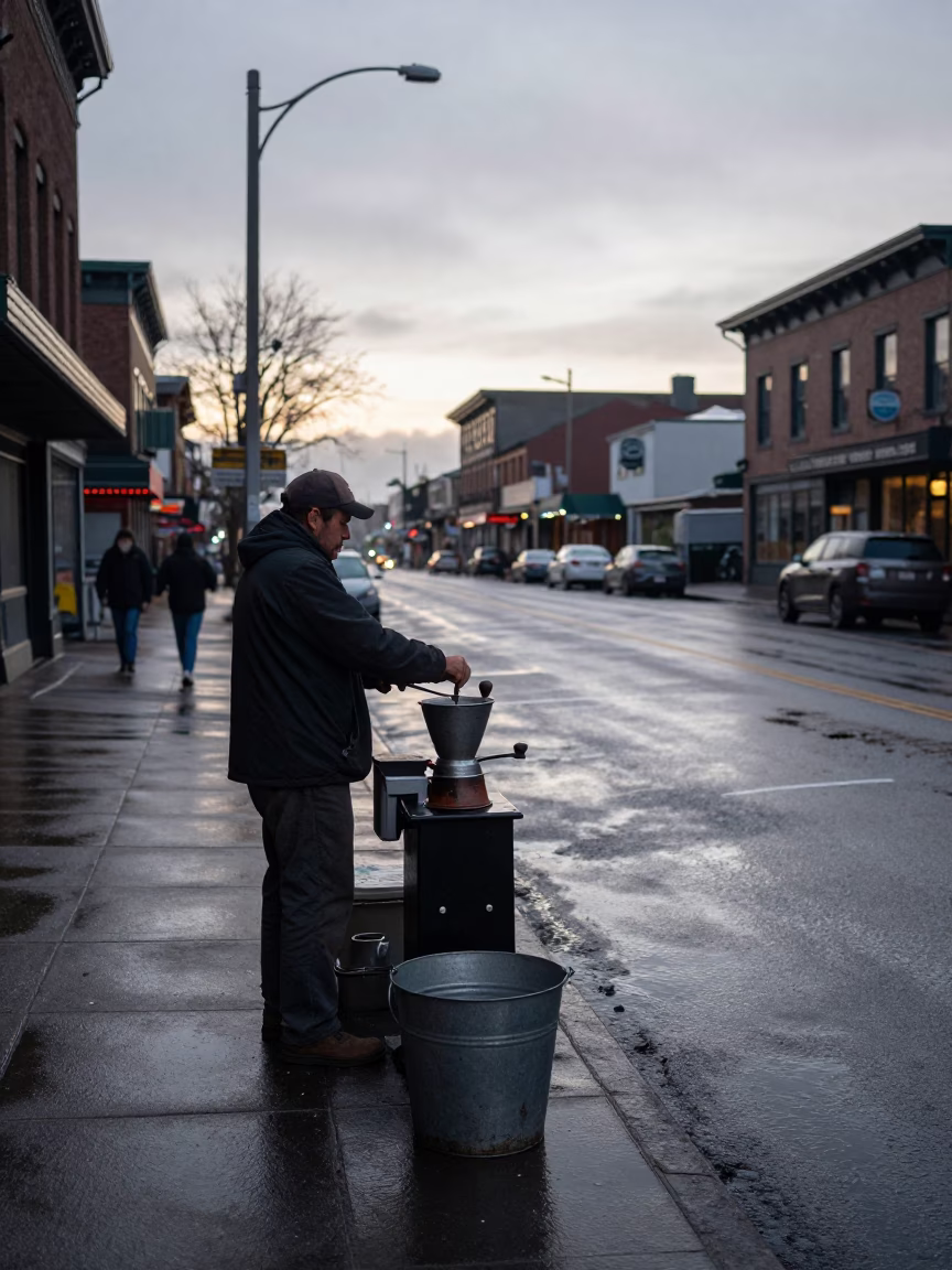 Early Morning Portland Oregon Street Scene with Coffee Grinder and Metal Bucket in in Portland, Oregon, United States