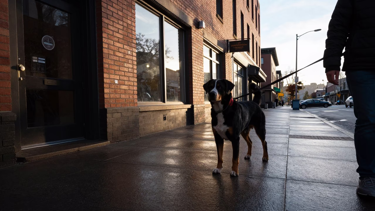 Early Morning Portland Oregon Street Scene with Dog and Urban Details in in Portland, Oregon, United States