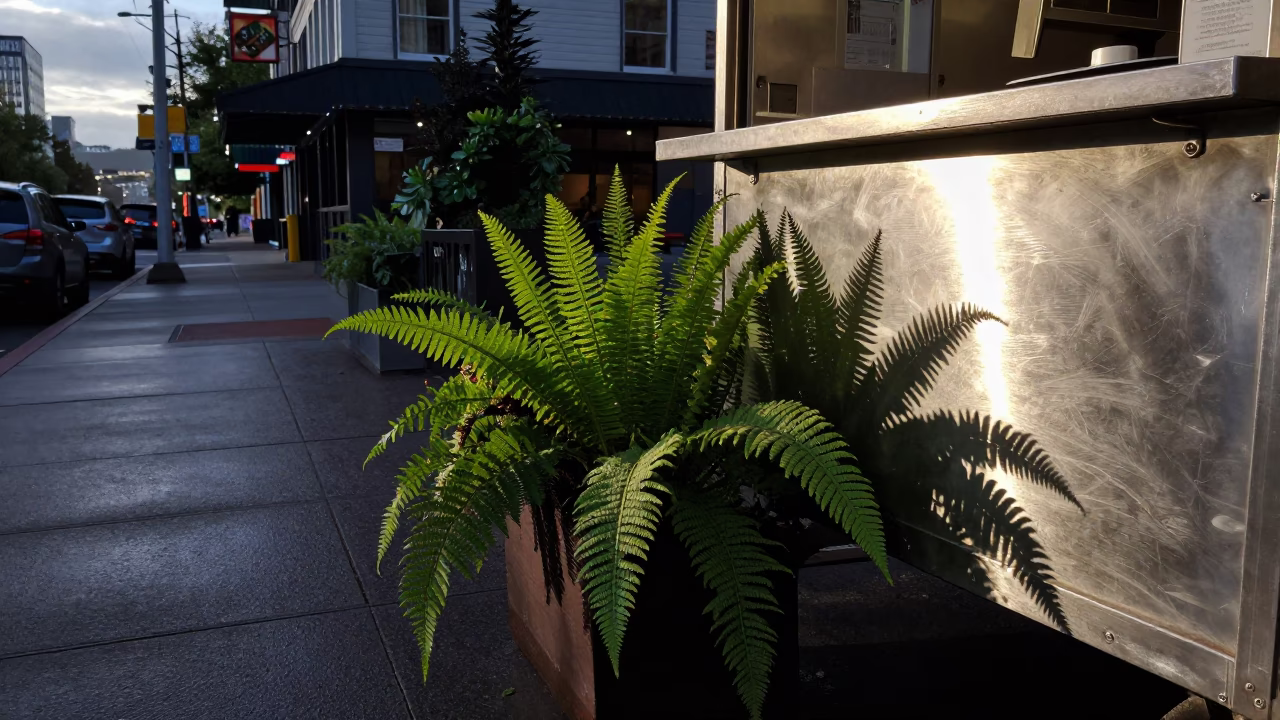 Early Morning Portland Oregon Street Scene with Ferns and Urban Details in in Portland, Oregon, United States