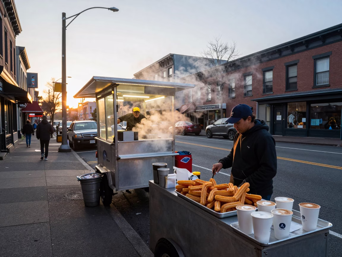 Early Morning Portland Oregon Street Scene with Food Vendors and Morning Commuters in in Portland, Oregon, United States