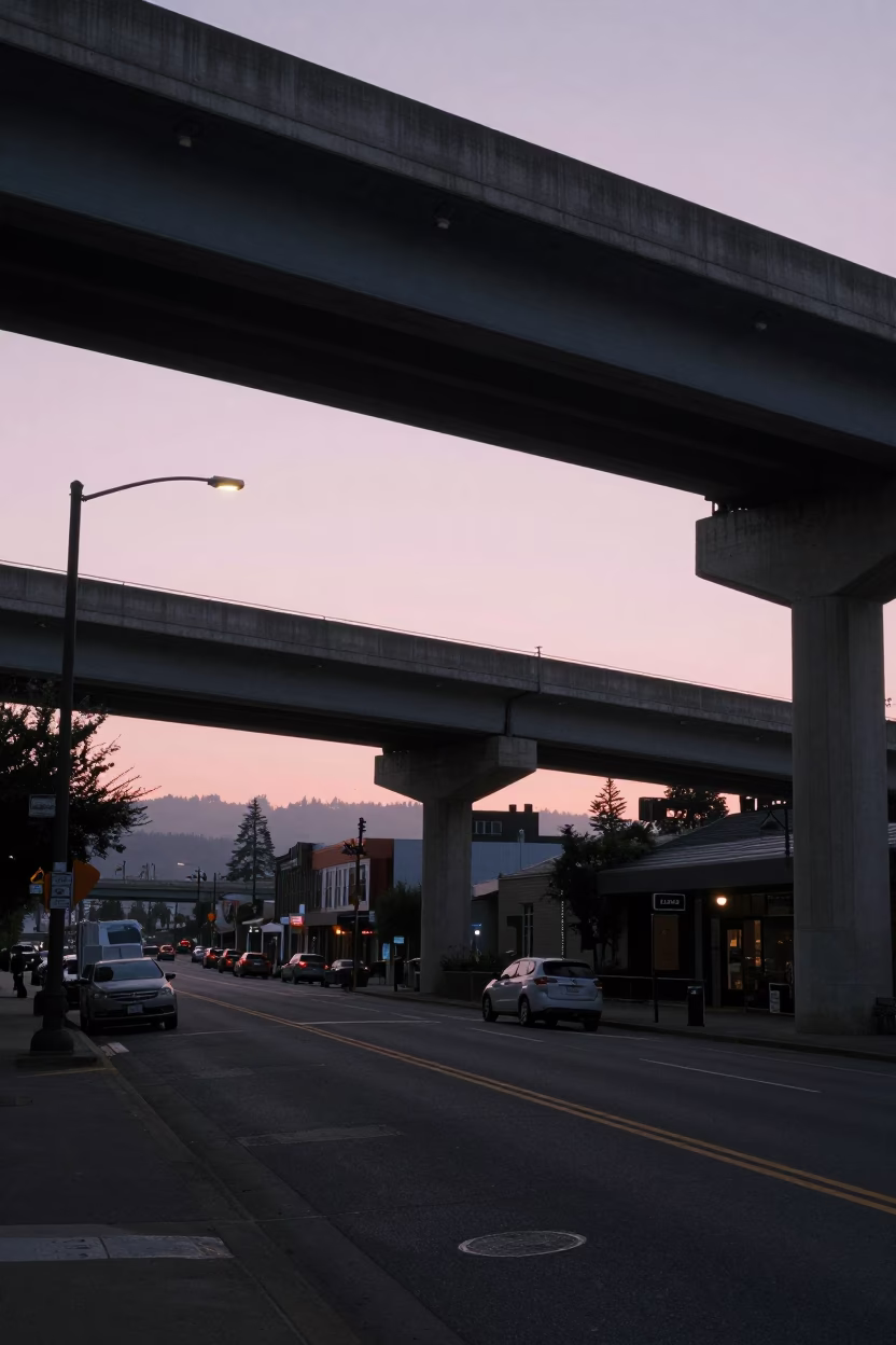 Early Morning Portland Oregon Street Scene with Highway Flyover and Urban Details in in Portland, Oregon, United States