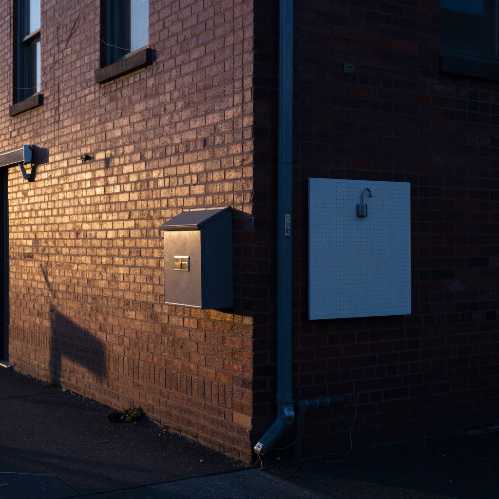 Early Morning Portland Oregon Street Scene with Lockbox and Pegboard Hook Details in in Portland, Oregon, United States