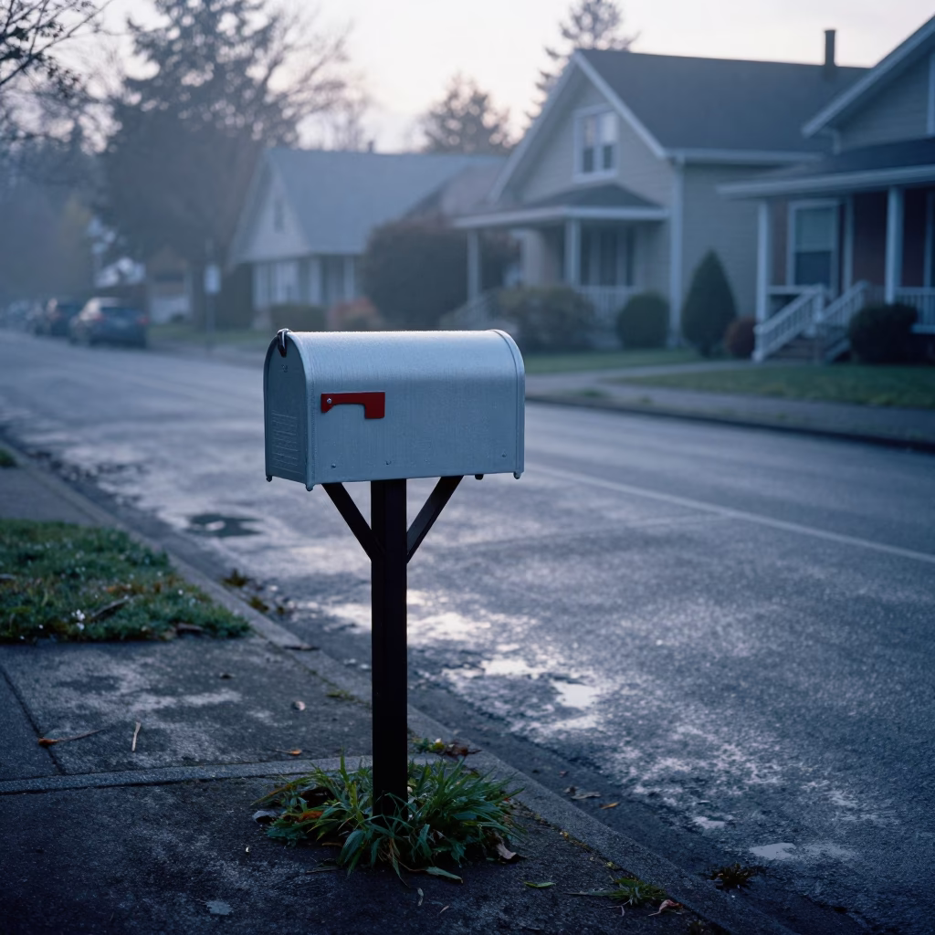 Early Morning Portland Oregon Street Scene with Mailbox and Condensation Before Sunrise in in Portland, Oregon, United States