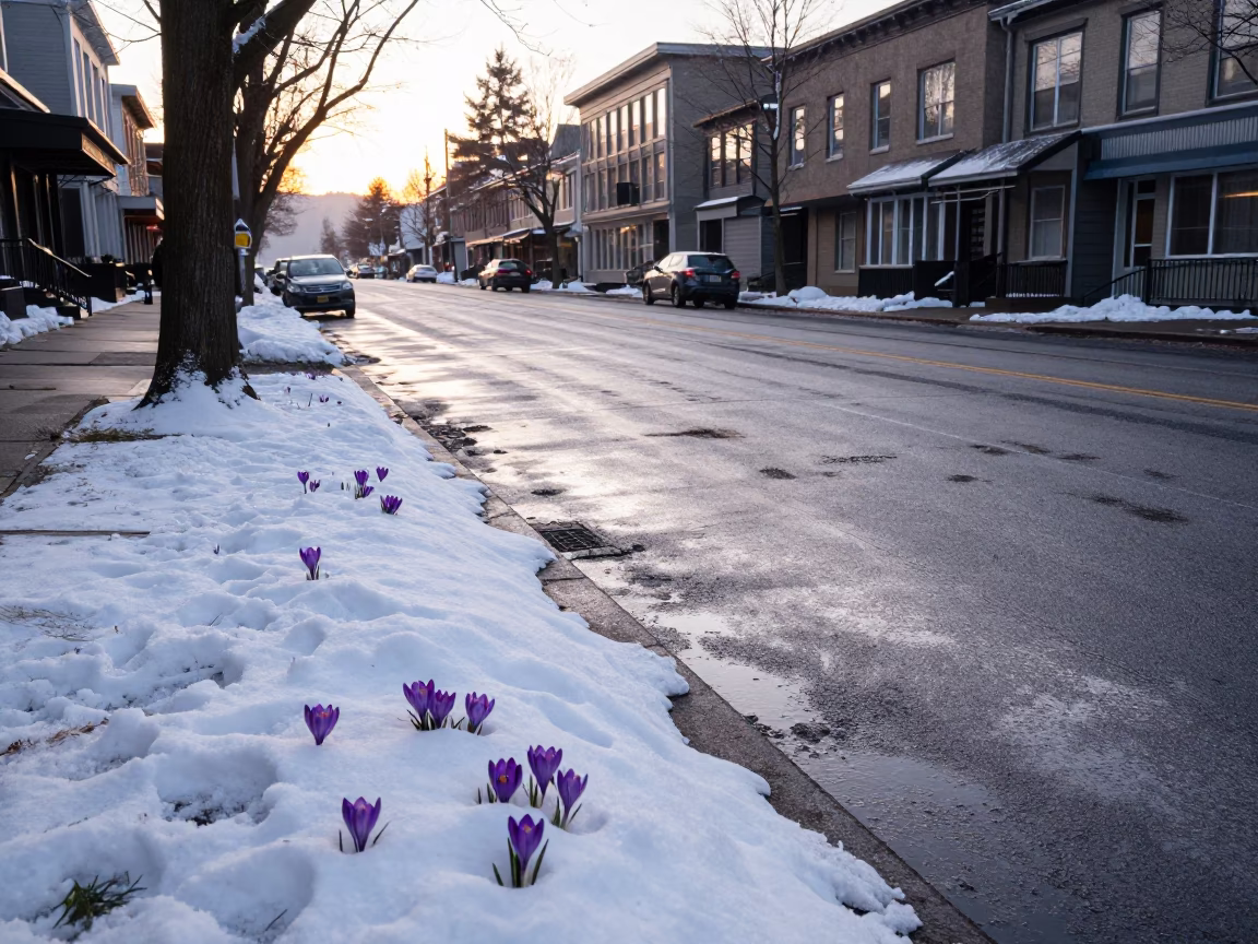Early Morning Portland Oregon Street Scene with Spring Snow and Crocus Blooms in in Portland, Oregon, United States