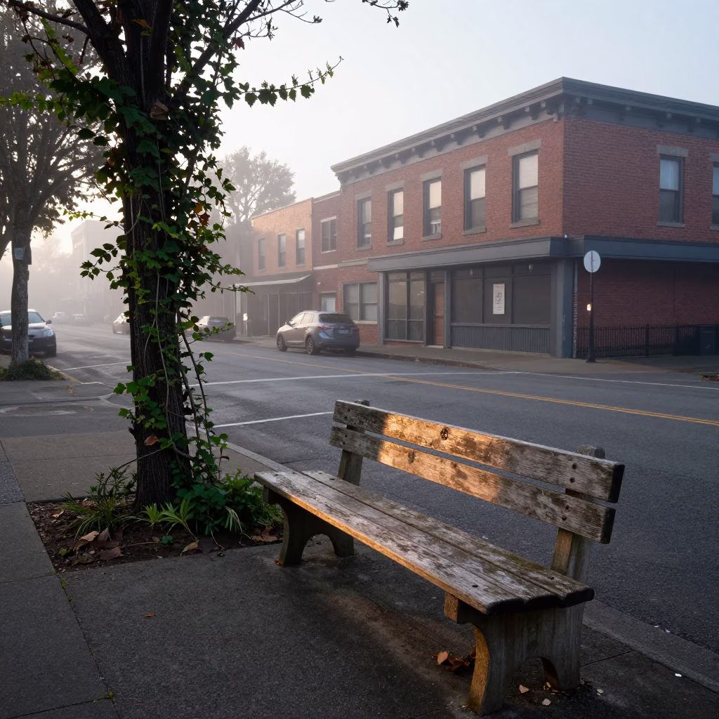 Early Morning Portland Oregon Street Scene with Vine and Weathered Bench in in Portland, Oregon, United States