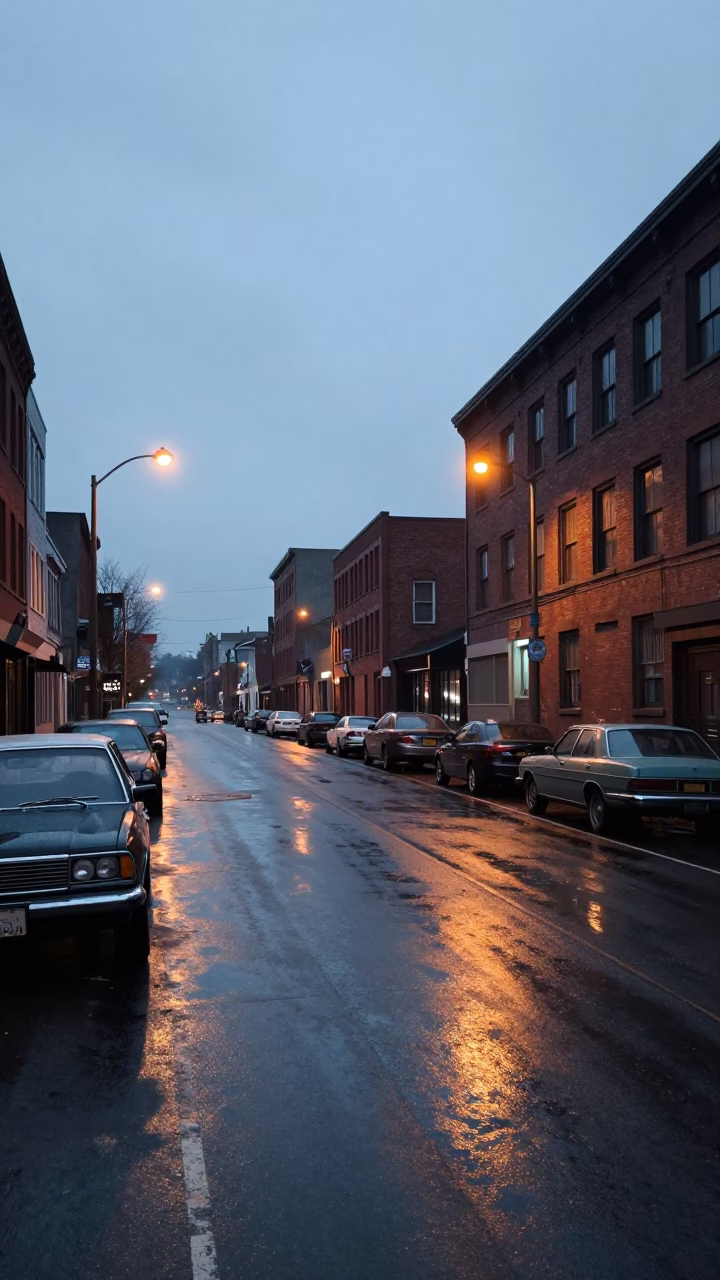 Early Morning Portland Oregon Street Scene with Vintage Cars and Warehouse District at Dawn in in Portland, Oregon, United States