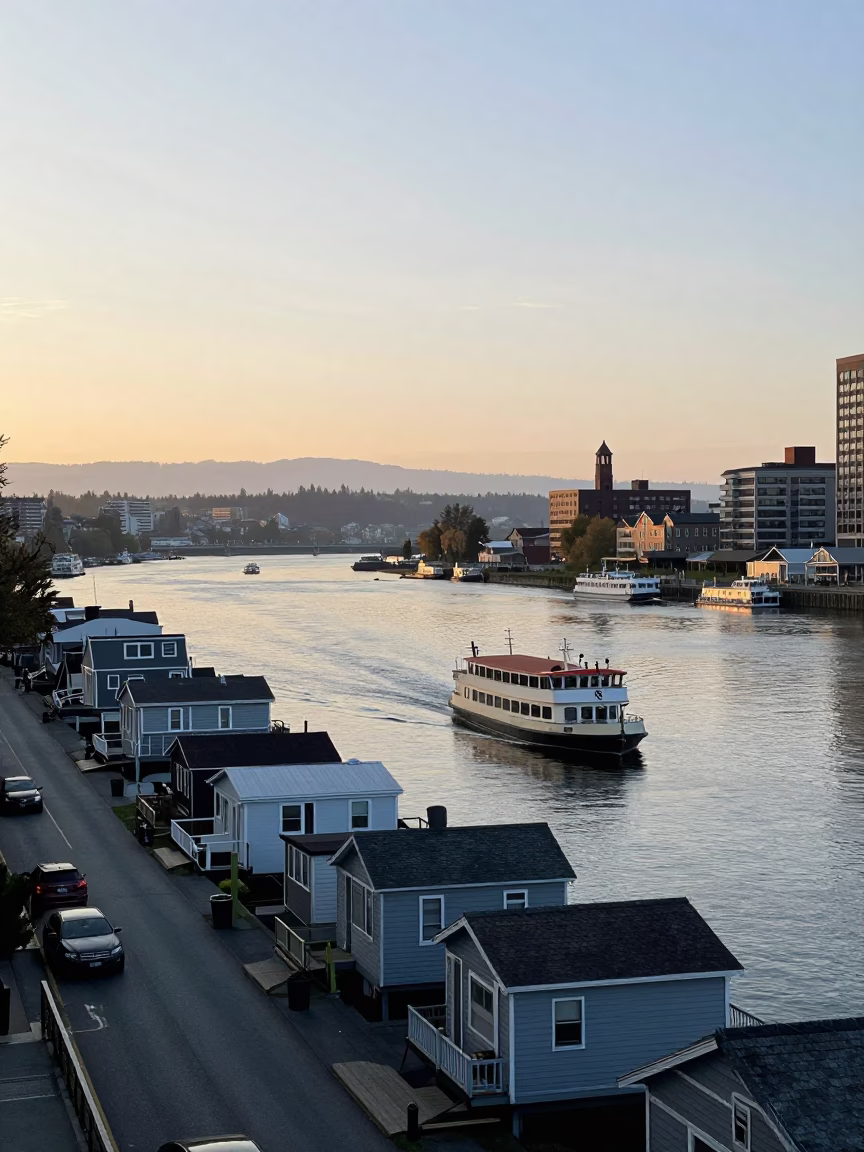 Early Morning Portland Oregon Street Scene with Water Taxi and Canal Houseboats in in Portland, Oregon, United States