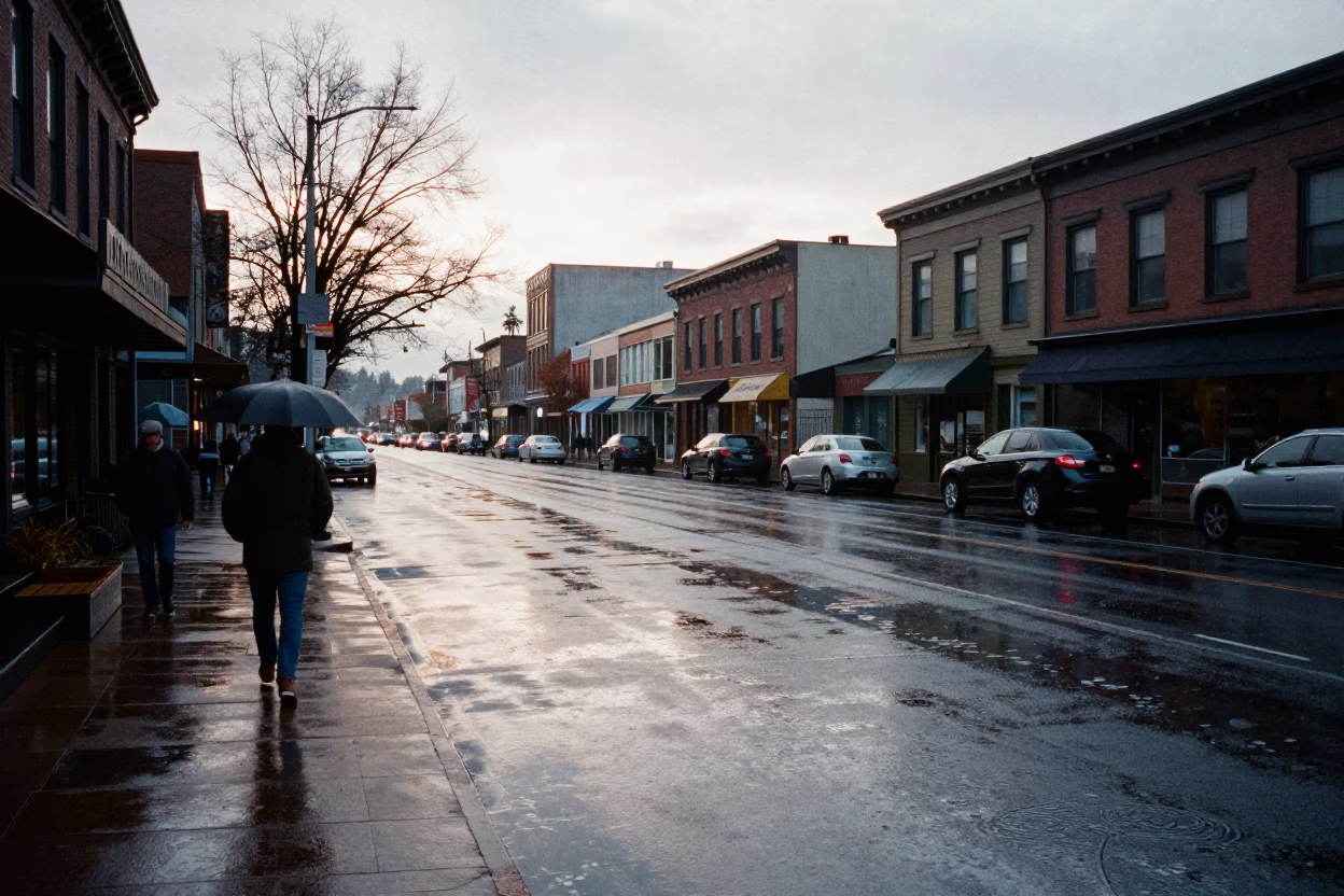 Early Morning Portland Oregon Street Scene with Wet Pavement and Urban Details in in Portland, Oregon, United States