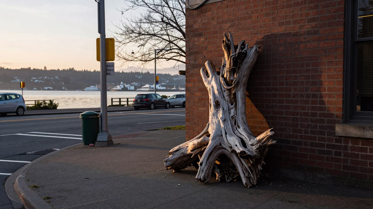 Early Morning Portland Street Scene with Driftwood and Local Shop Details in in Portland, Oregon, United States