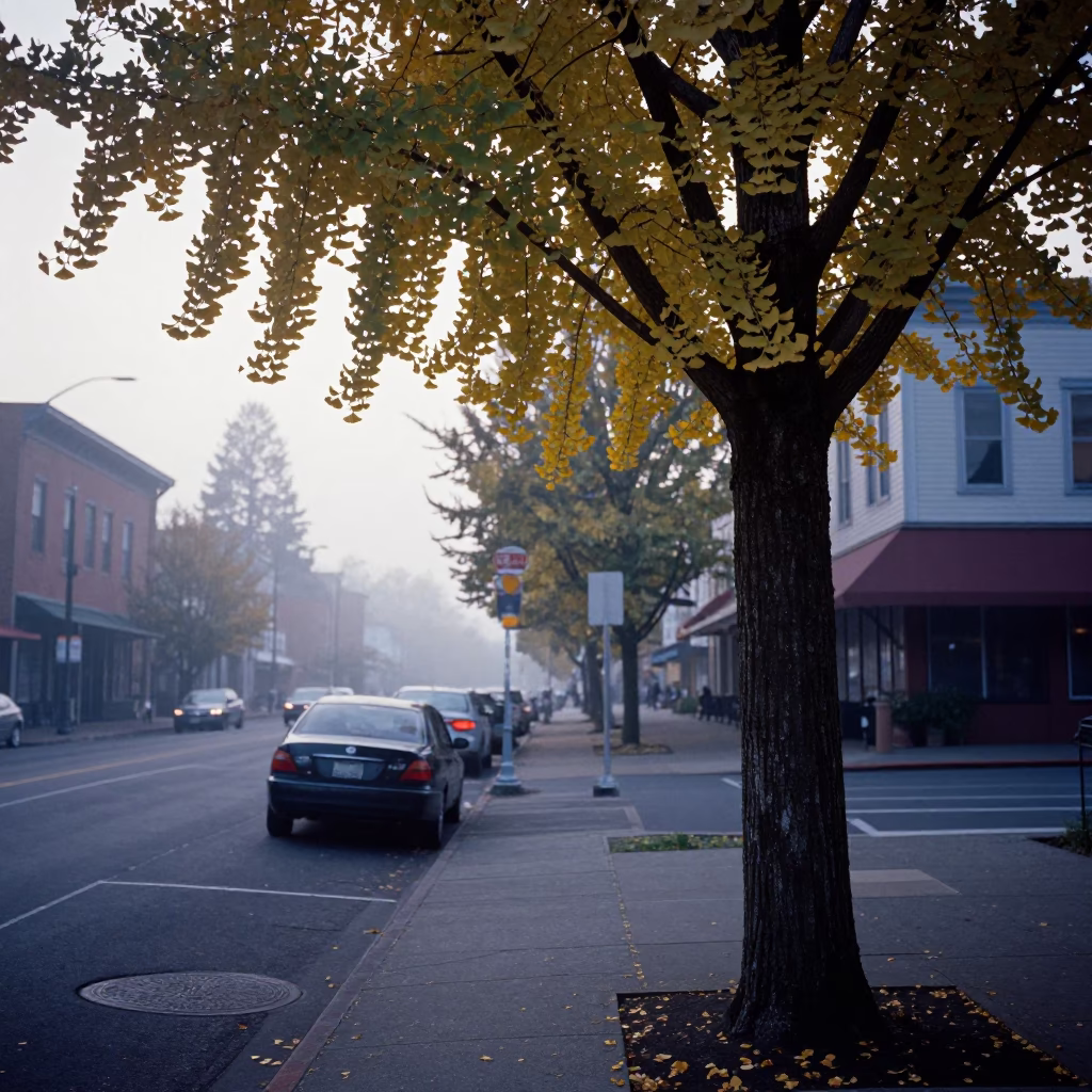 Early Morning Portland Street Scene with Ginkgo Tree and Coffee Cup in in Portland, Oregon, United States
