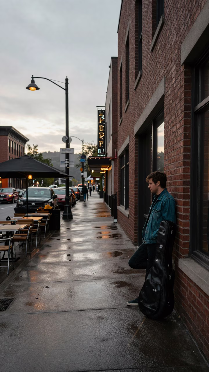 Early Morning Portland Street Scene with Guitar Case and Rain-Soaked Pavement in in Portland, Oregon, United States