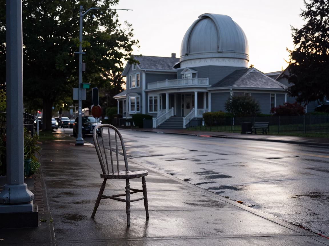 Early Morning Portland Street Scene with Ladder-Back Chair and Briard Dog Near Observatory in in Portland, Oregon, United States